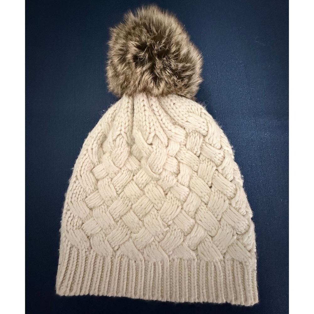 J. Crew Beanie OS Ivory Cable Knit Wool Blend Faux Fur Pom Ski Bunny Preppy Cozy